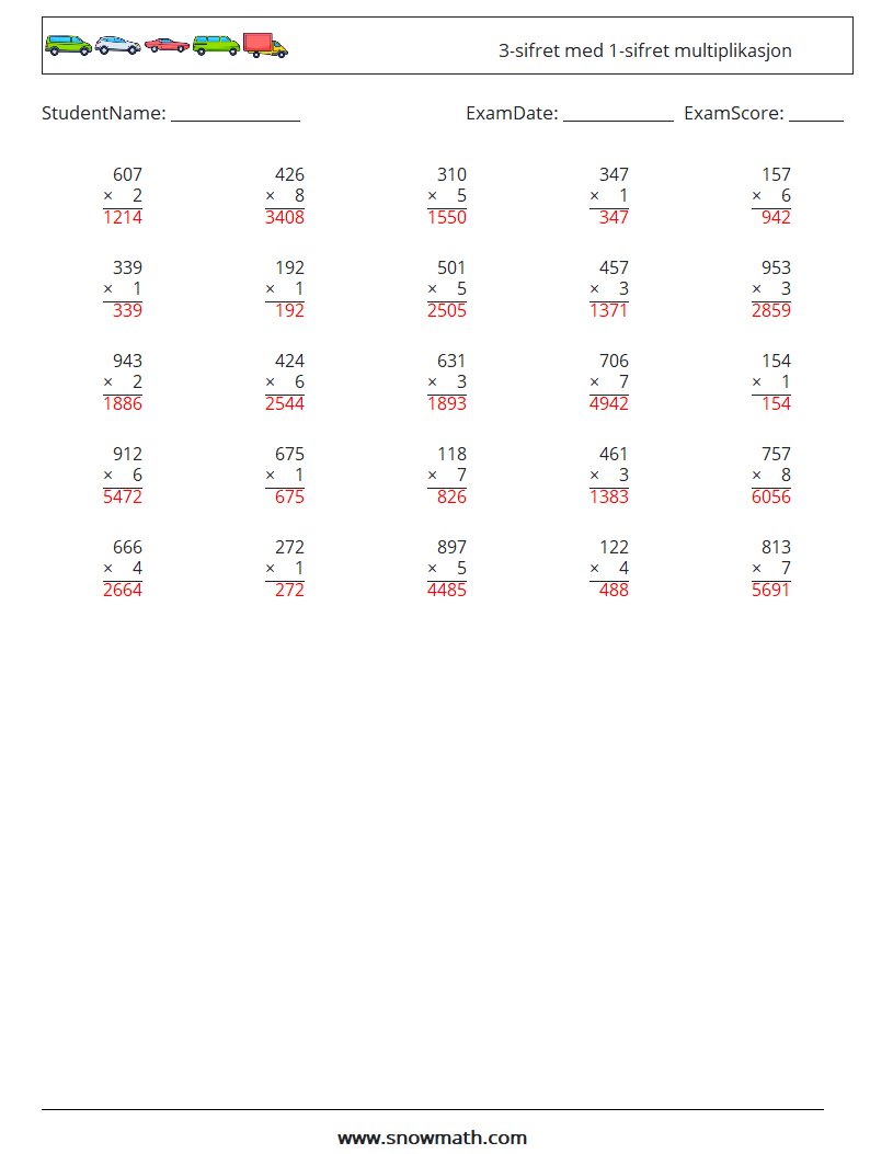 (25) 3-sifret med 1-sifret multiplikasjon MathWorksheets 9 QuestionAnswer