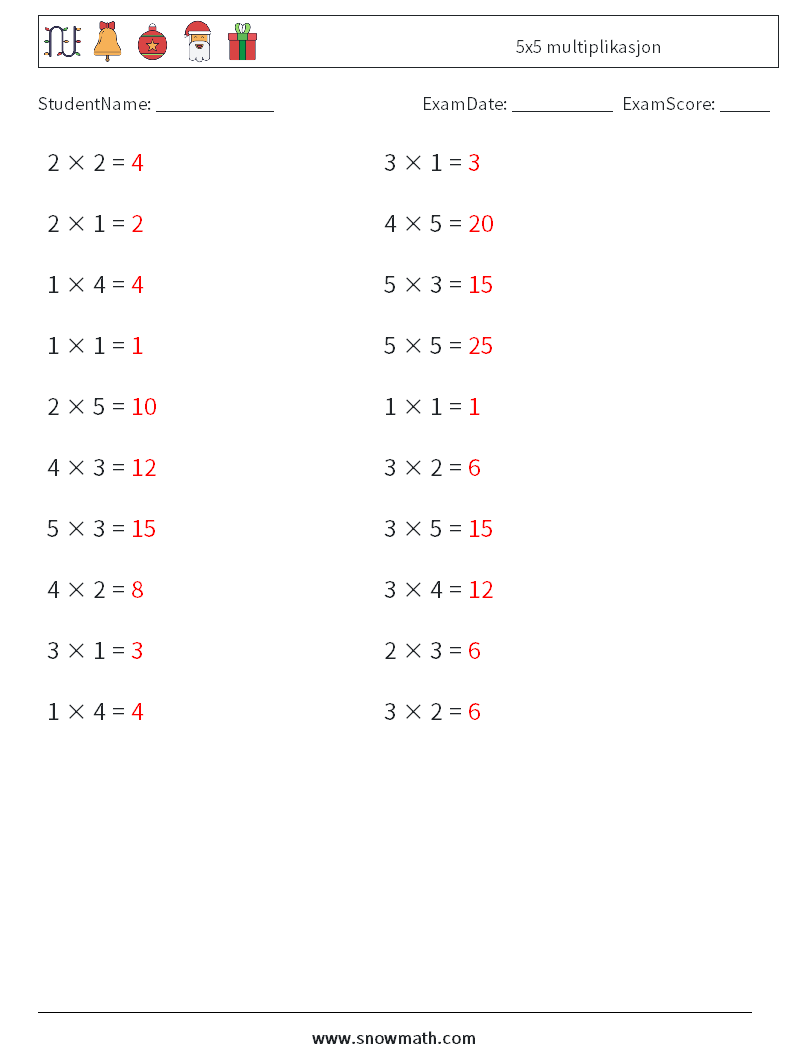 (20) 5x5 multiplikasjon MathWorksheets 1 QuestionAnswer
