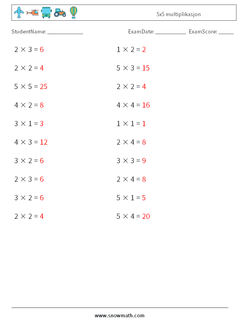 (20) 5x5 multiplikasjon MathWorksheets 2 QuestionAnswer