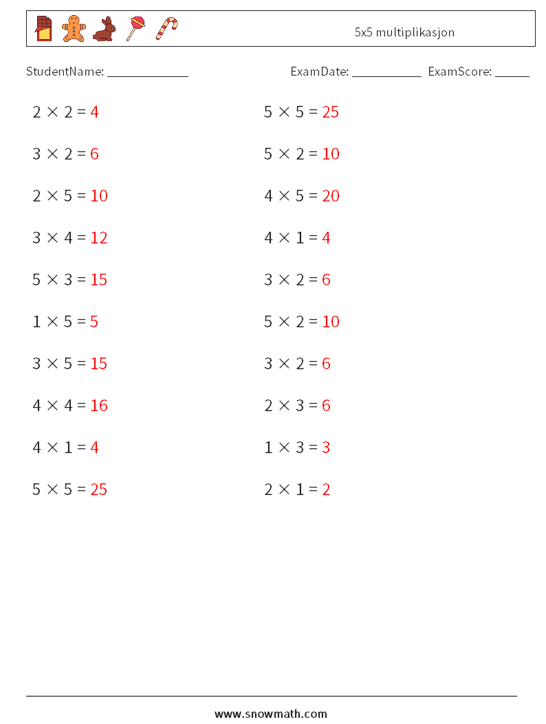(20) 5x5 multiplikasjon MathWorksheets 3 QuestionAnswer