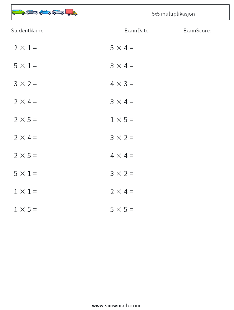 (20) 5x5 multiplikasjon MathWorksheets 5