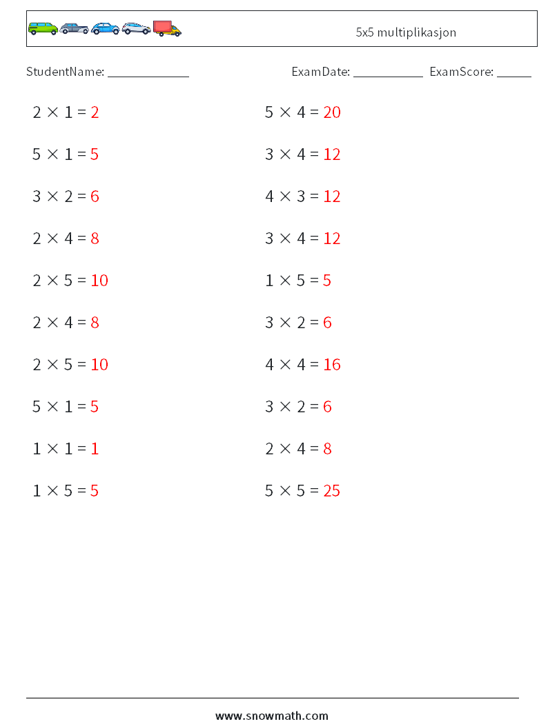(20) 5x5 multiplikasjon MathWorksheets 5 QuestionAnswer