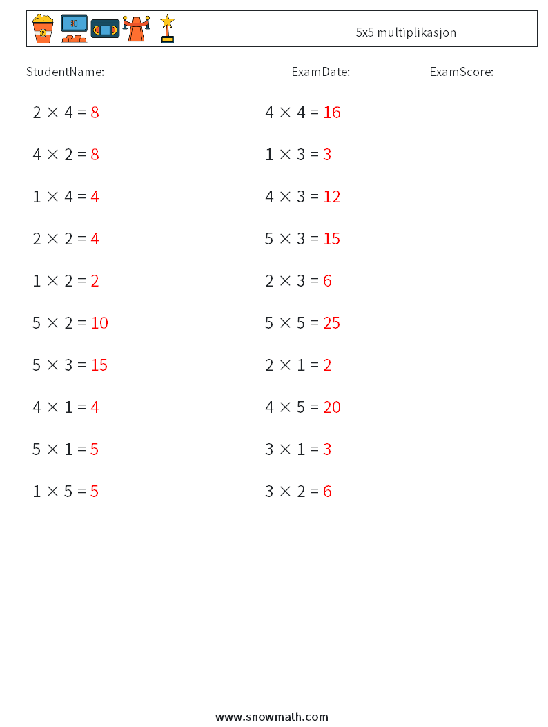(20) 5x5 multiplikasjon MathWorksheets 6 QuestionAnswer