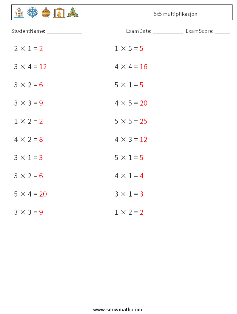 (20) 5x5 multiplikasjon MathWorksheets 8 QuestionAnswer