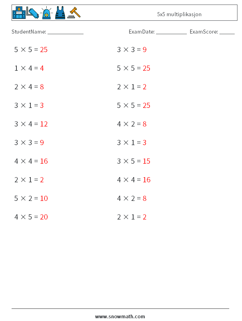 (20) 5x5 multiplikasjon MathWorksheets 9 QuestionAnswer