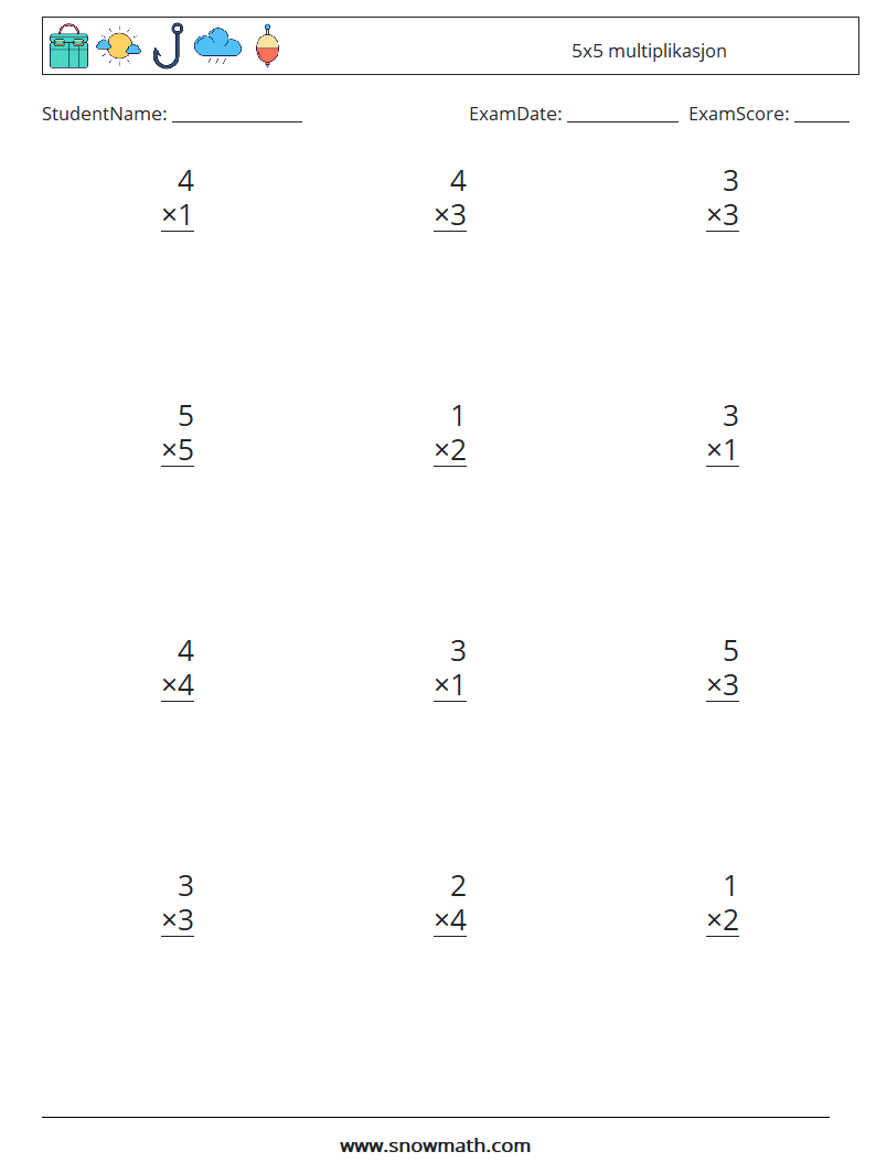 (12) 5x5 multiplikasjon MathWorksheets 1