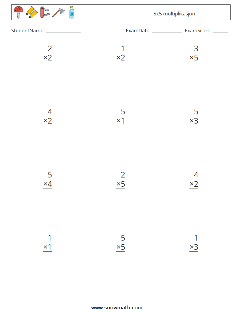 (12) 5x5 multiplikasjon MathWorksheets 2