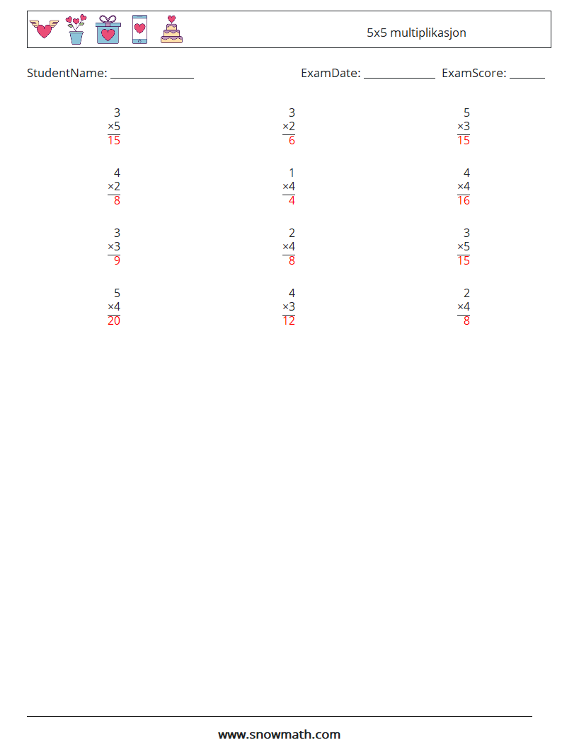(12) 5x5 multiplikasjon MathWorksheets 7 QuestionAnswer