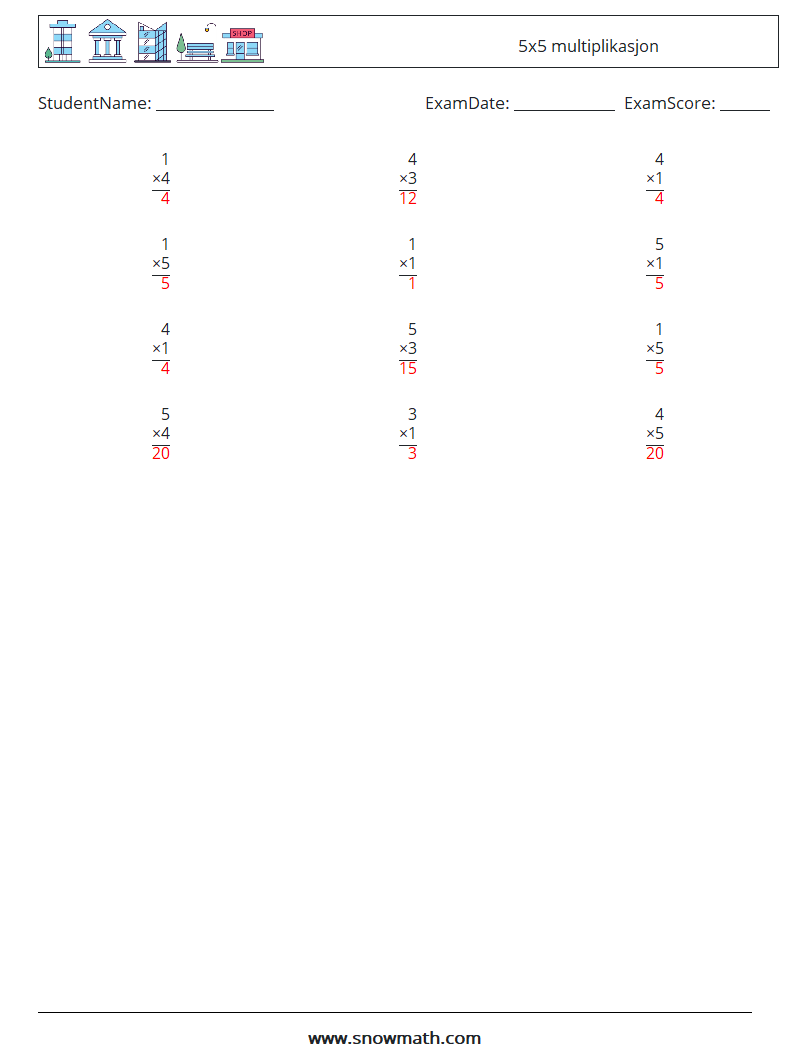 (12) 5x5 multiplikasjon MathWorksheets 9 QuestionAnswer