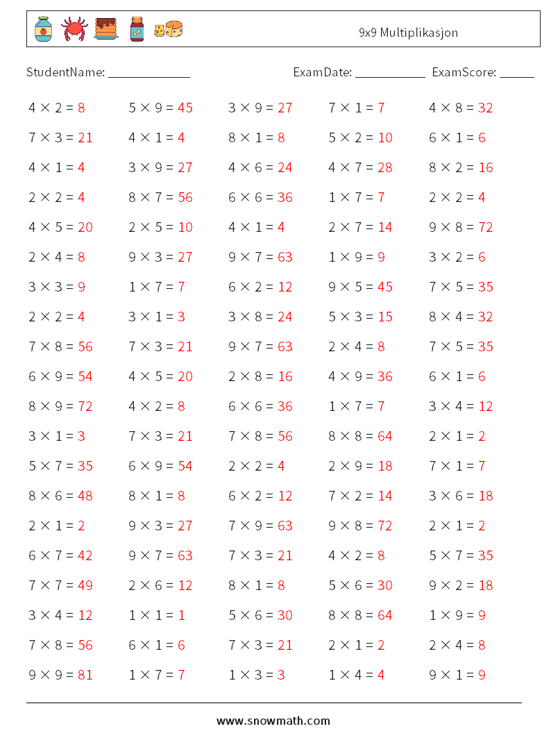 (100) 9x9 Multiplikasjon MathWorksheets 1 QuestionAnswer