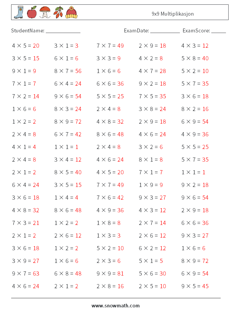 (100) 9x9 Multiplikasjon MathWorksheets 2 QuestionAnswer