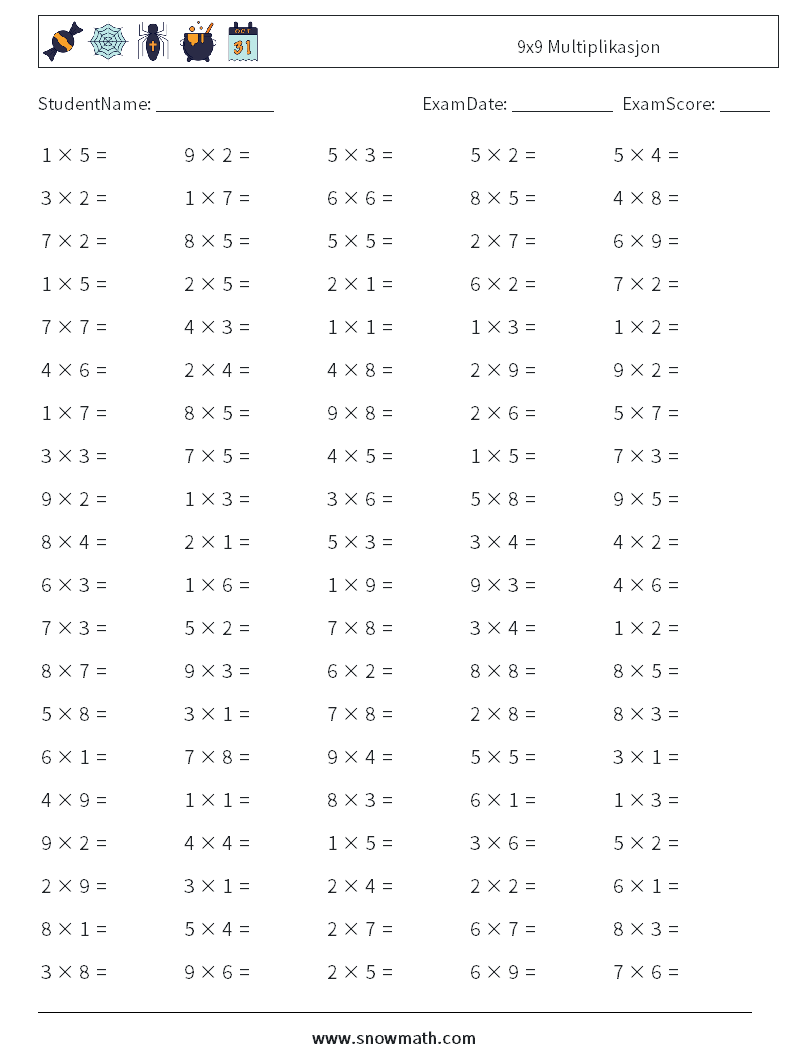 (100) 9x9 Multiplikasjon MathWorksheets 3