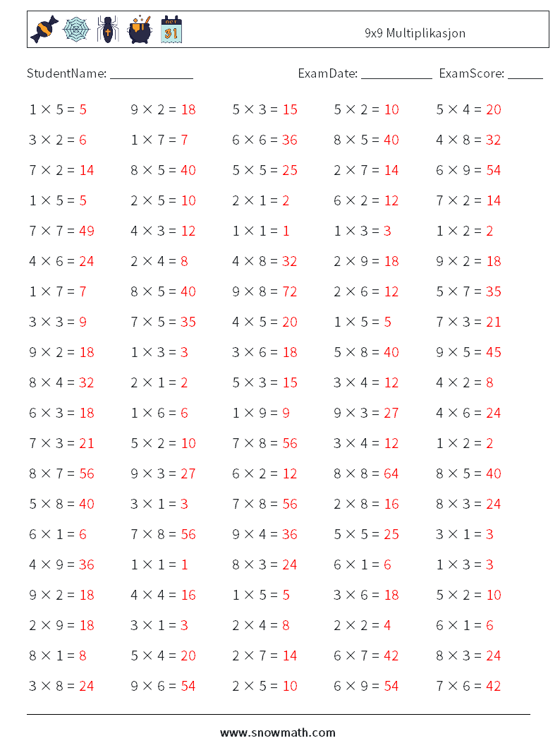 (100) 9x9 Multiplikasjon MathWorksheets 3 QuestionAnswer