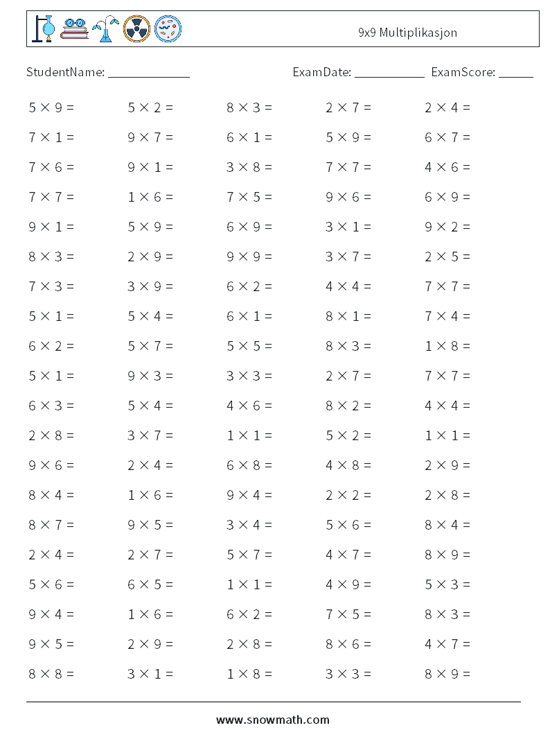 (100) 9x9 Multiplikasjon MathWorksheets 4