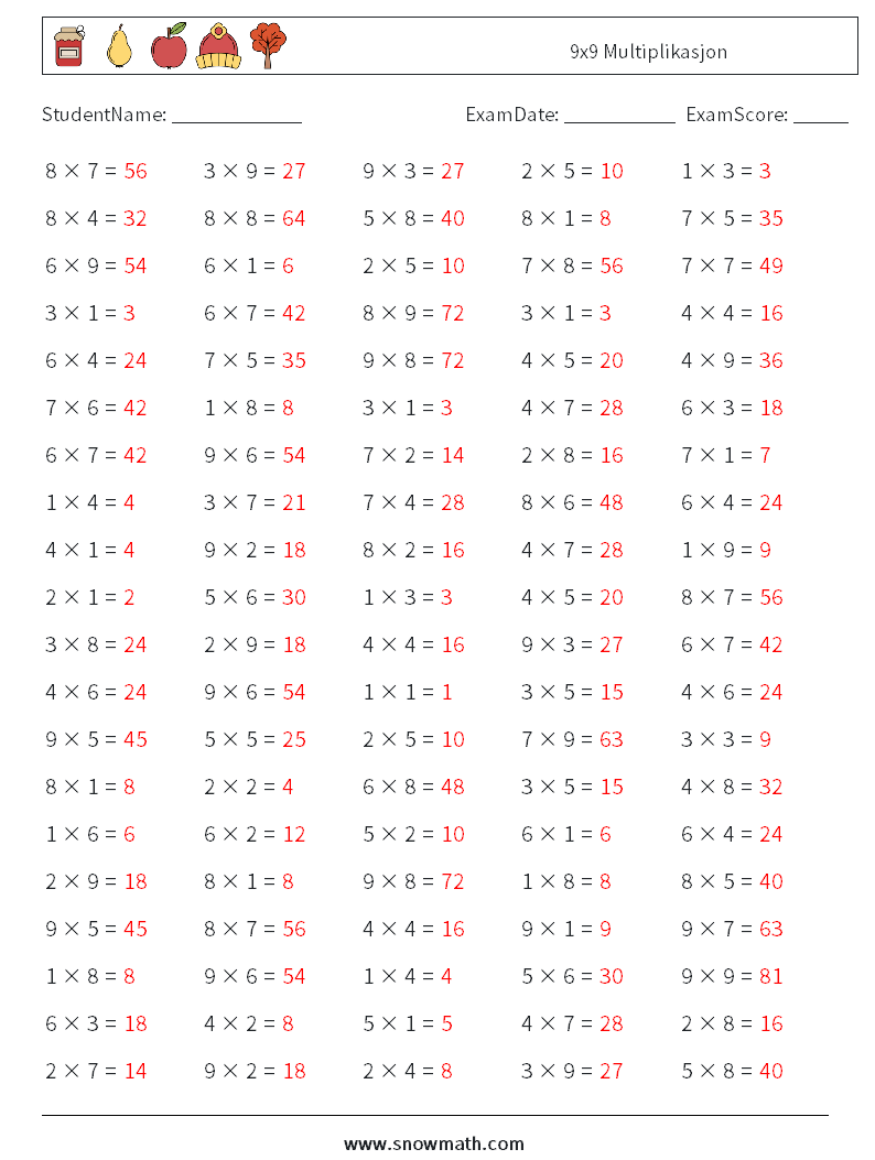 (100) 9x9 Multiplikasjon MathWorksheets 5 QuestionAnswer