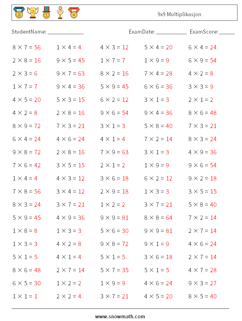 (100) 9x9 Multiplikasjon MathWorksheets 6 QuestionAnswer