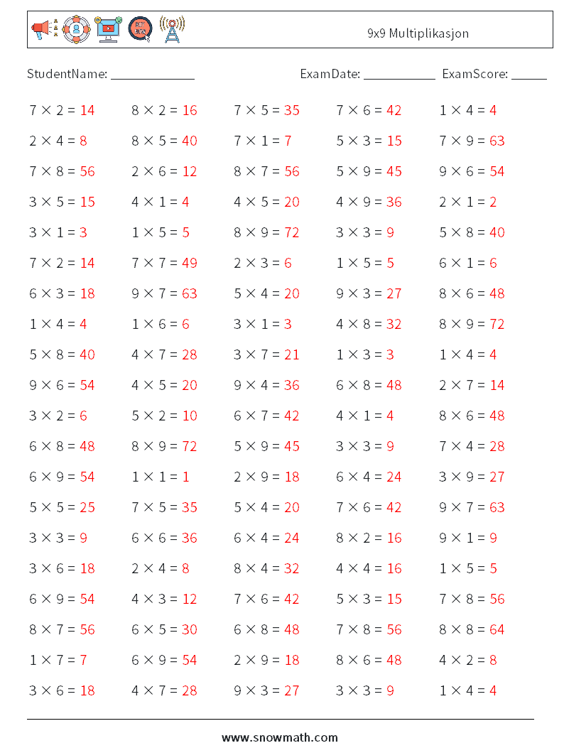 (100) 9x9 Multiplikasjon MathWorksheets 7 QuestionAnswer
