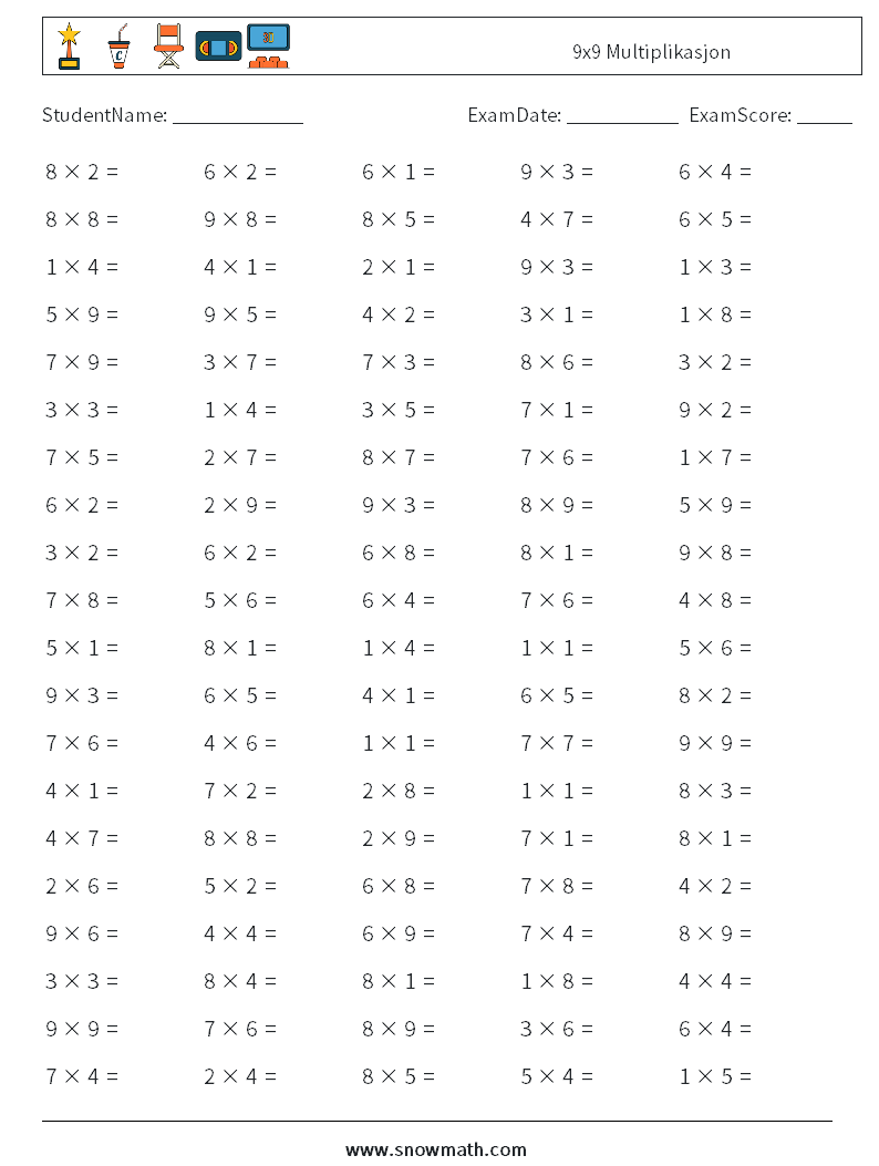 (100) 9x9 Multiplikasjon MathWorksheets 8