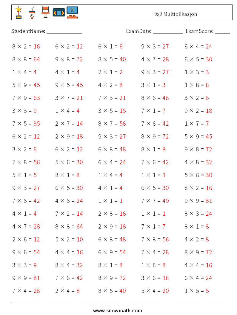 (100) 9x9 Multiplikasjon MathWorksheets 8 QuestionAnswer