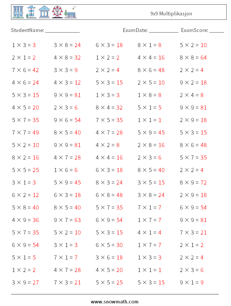 (100) 9x9 Multiplikasjon MathWorksheets 9 QuestionAnswer