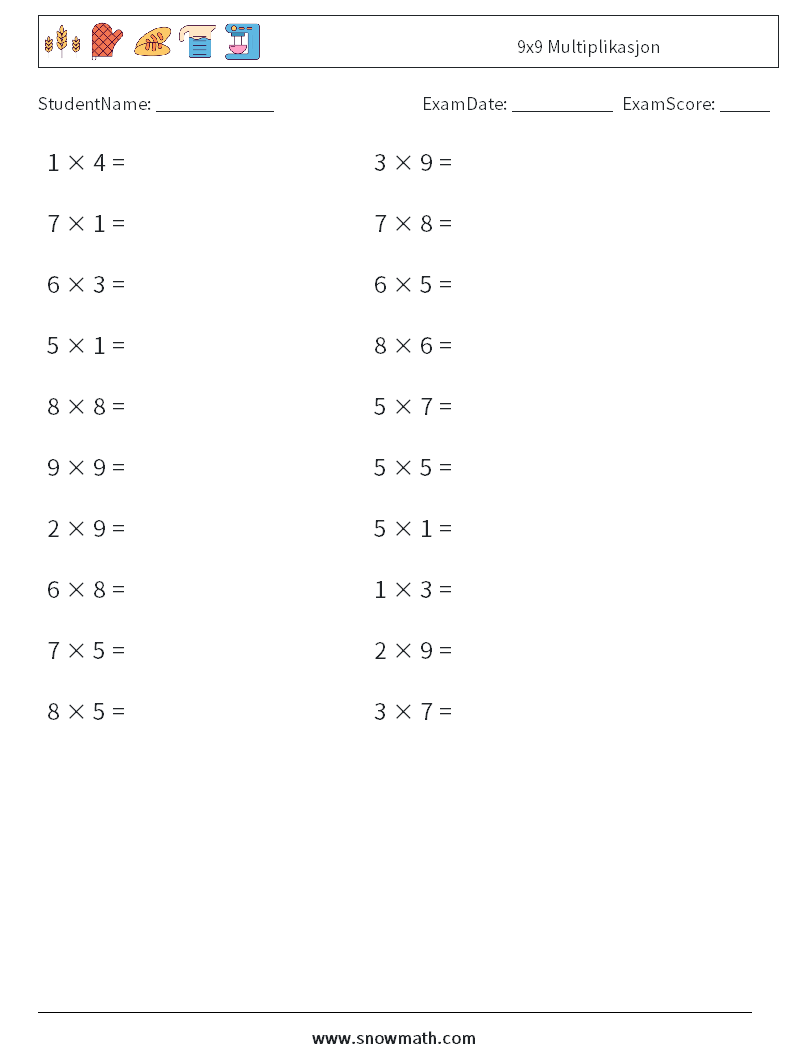 (20) 9x9 Multiplikasjon MathWorksheets 3