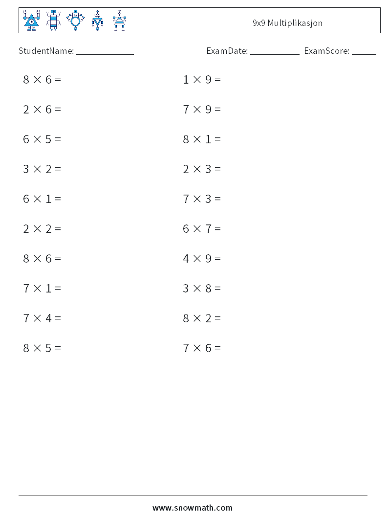 (20) 9x9 Multiplikasjon MathWorksheets 8