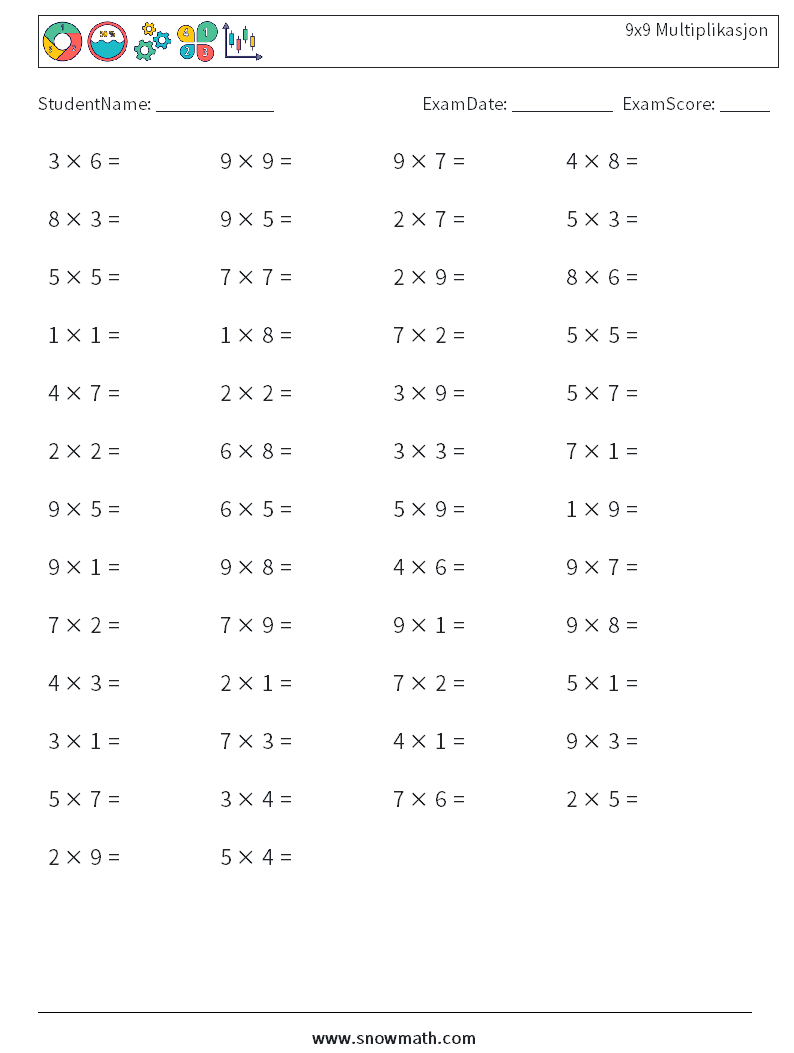 (50) 9x9 Multiplikasjon MathWorksheets 1