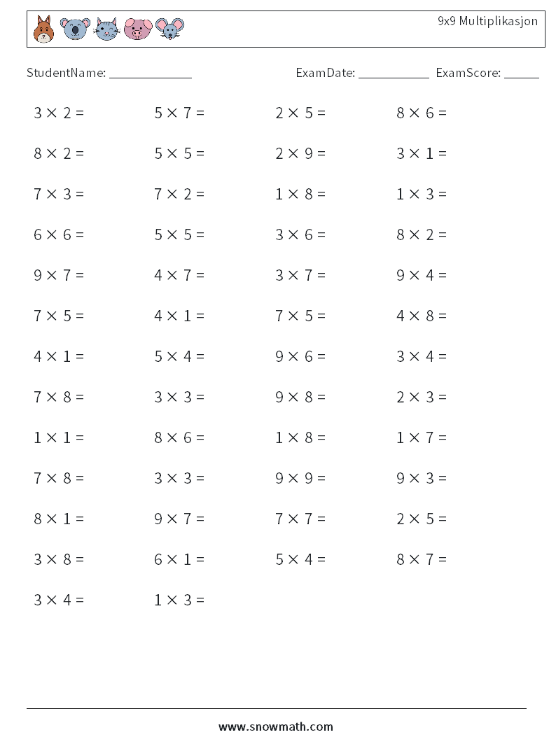 (50) 9x9 Multiplikasjon MathWorksheets 3