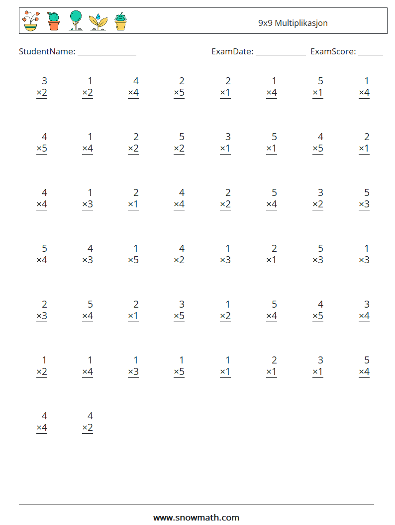 (50) 9x9 Multiplikasjon MathWorksheets 2