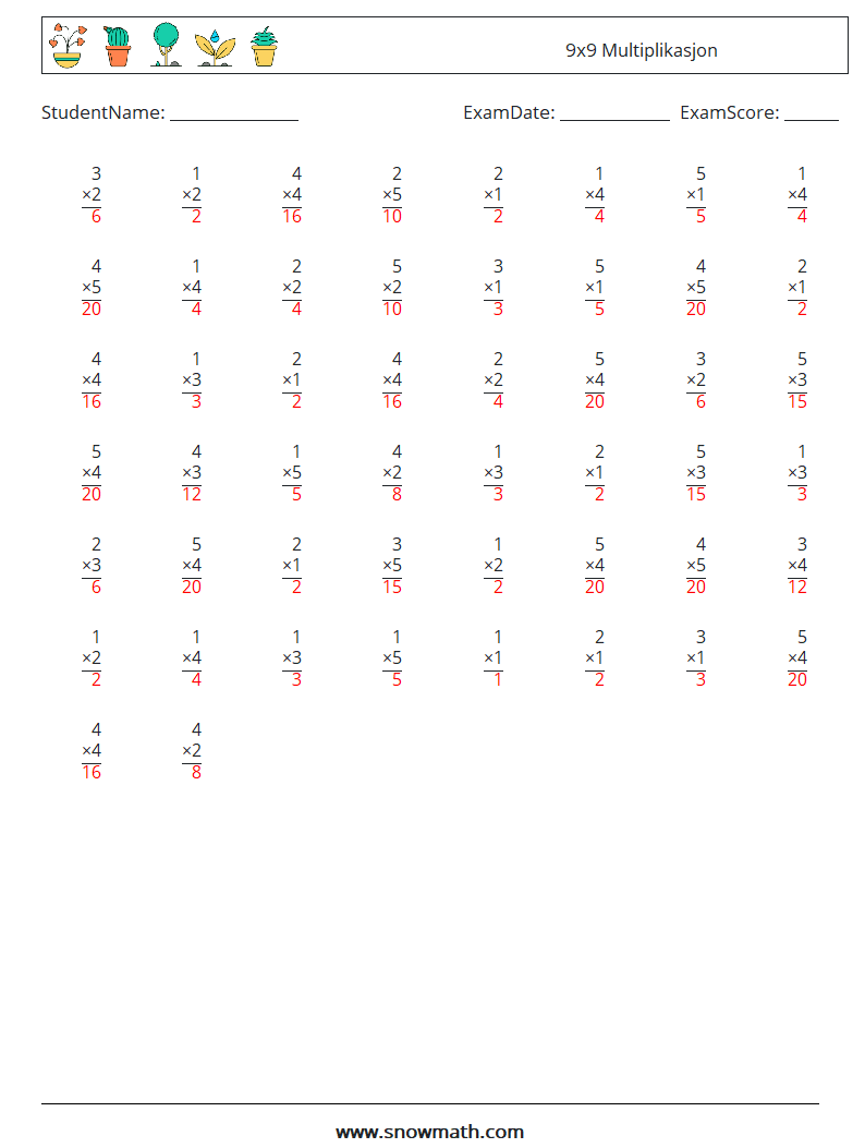 (50) 9x9 Multiplikasjon MathWorksheets 2 QuestionAnswer