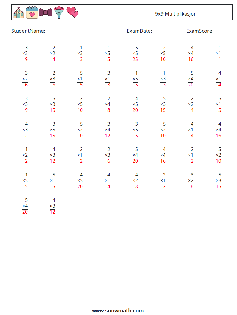 (50) 9x9 Multiplikasjon MathWorksheets 3 QuestionAnswer