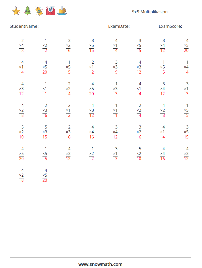 (50) 9x9 Multiplikasjon MathWorksheets 5 QuestionAnswer