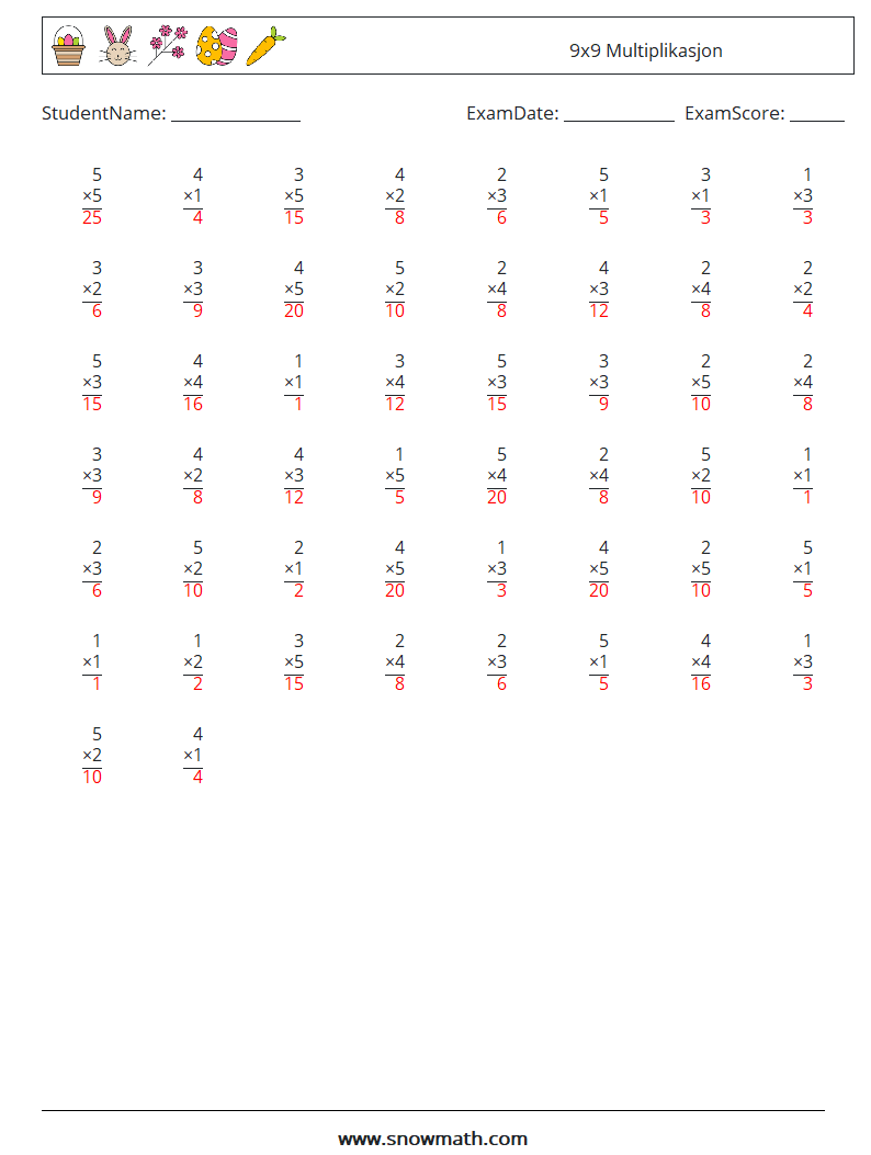 (50) 9x9 Multiplikasjon MathWorksheets 6 QuestionAnswer