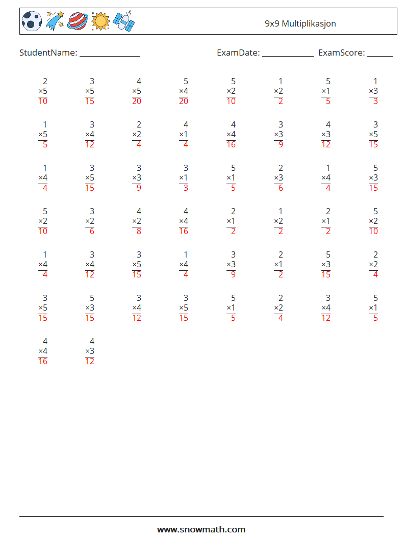 (50) 9x9 Multiplikasjon MathWorksheets 7 QuestionAnswer