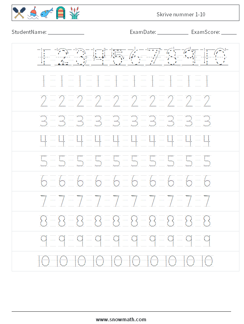 Skrive nummer 1-10 MathWorksheets 2