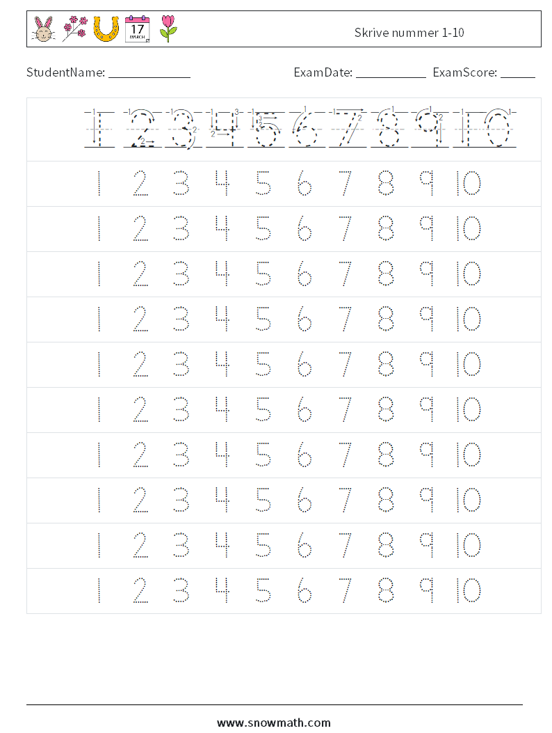 Skrive nummer 1-10 MathWorksheets 3