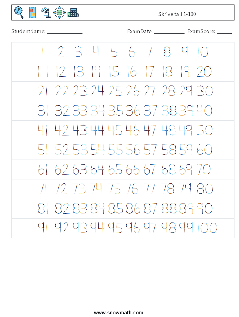 Skrive tall 1-100 MathWorksheets 1