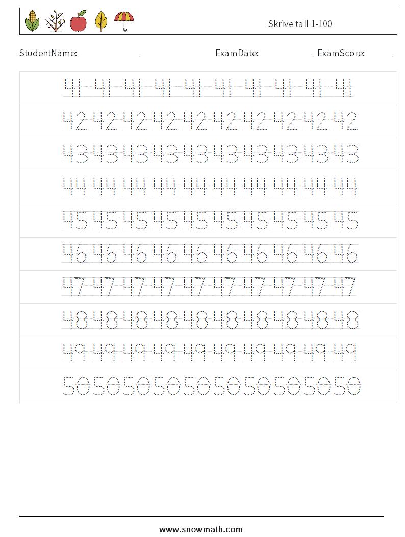 Skrive tall 1-100 MathWorksheets 10