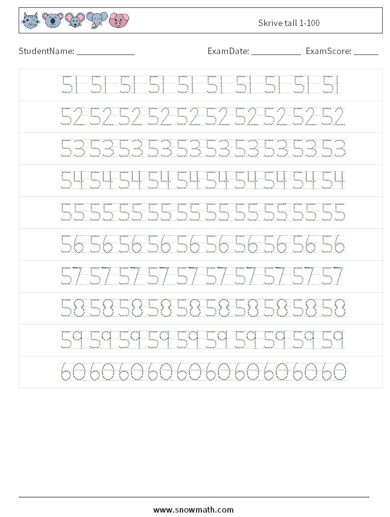 Skrive tall 1-100 MathWorksheets 12