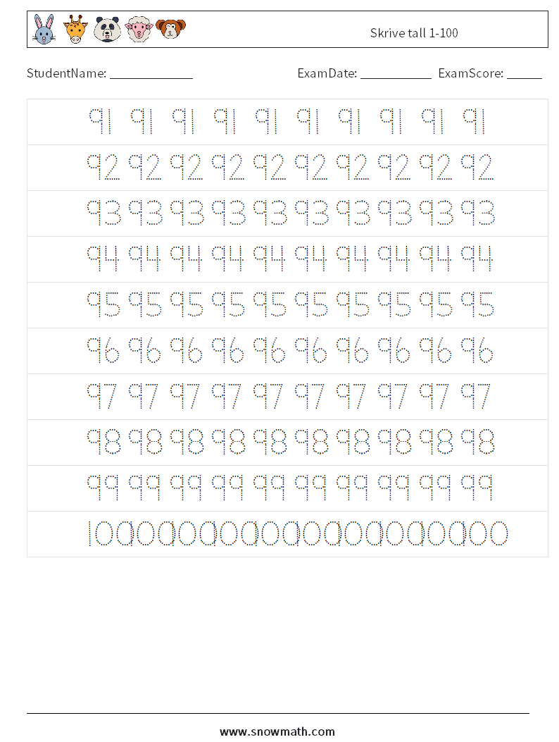 Skrive tall 1-100 MathWorksheets 19