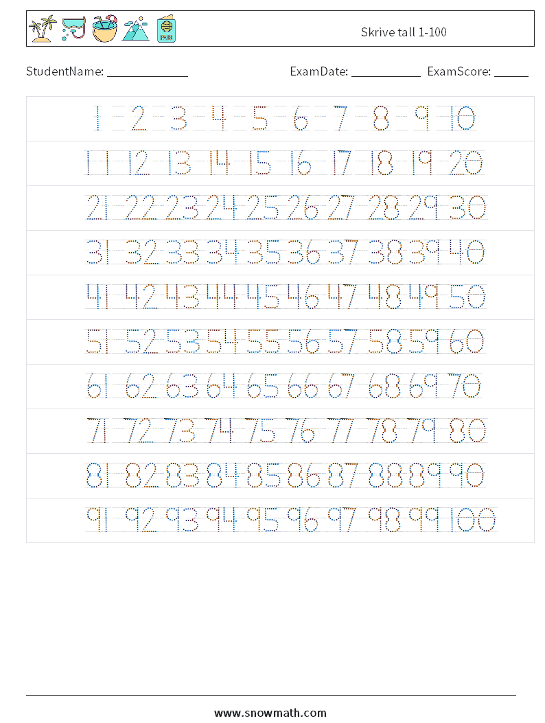 Skrive tall 1-100 MathWorksheets 2