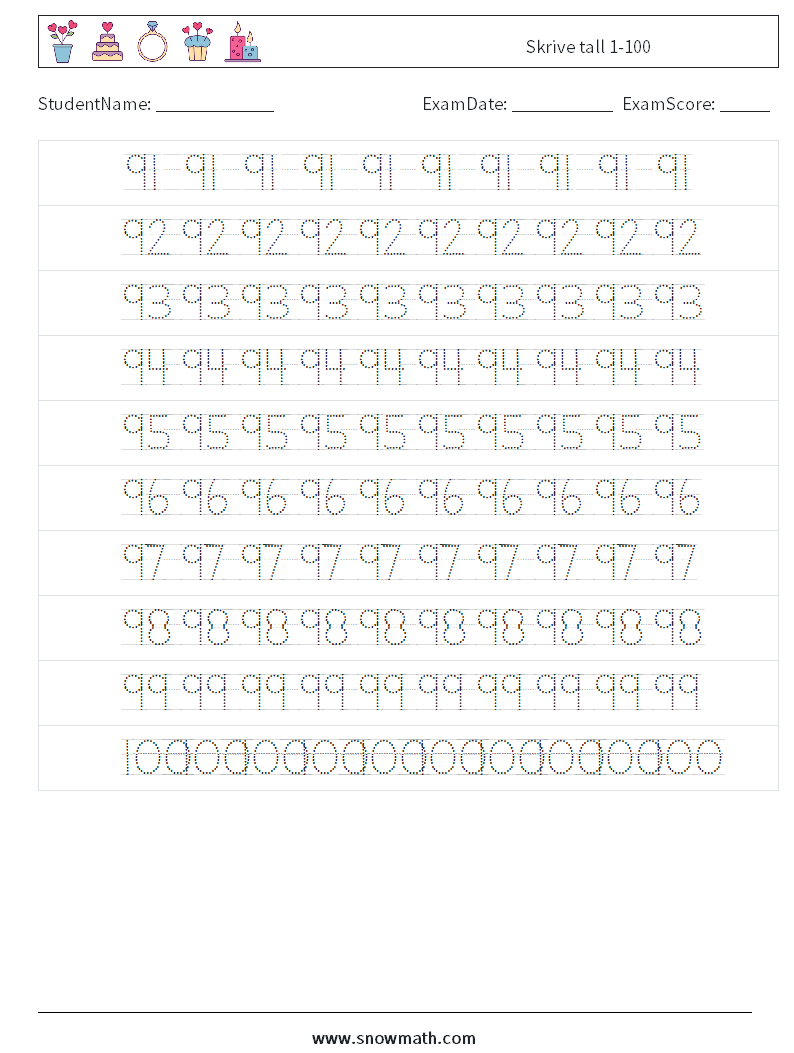 Skrive tall 1-100 MathWorksheets 20