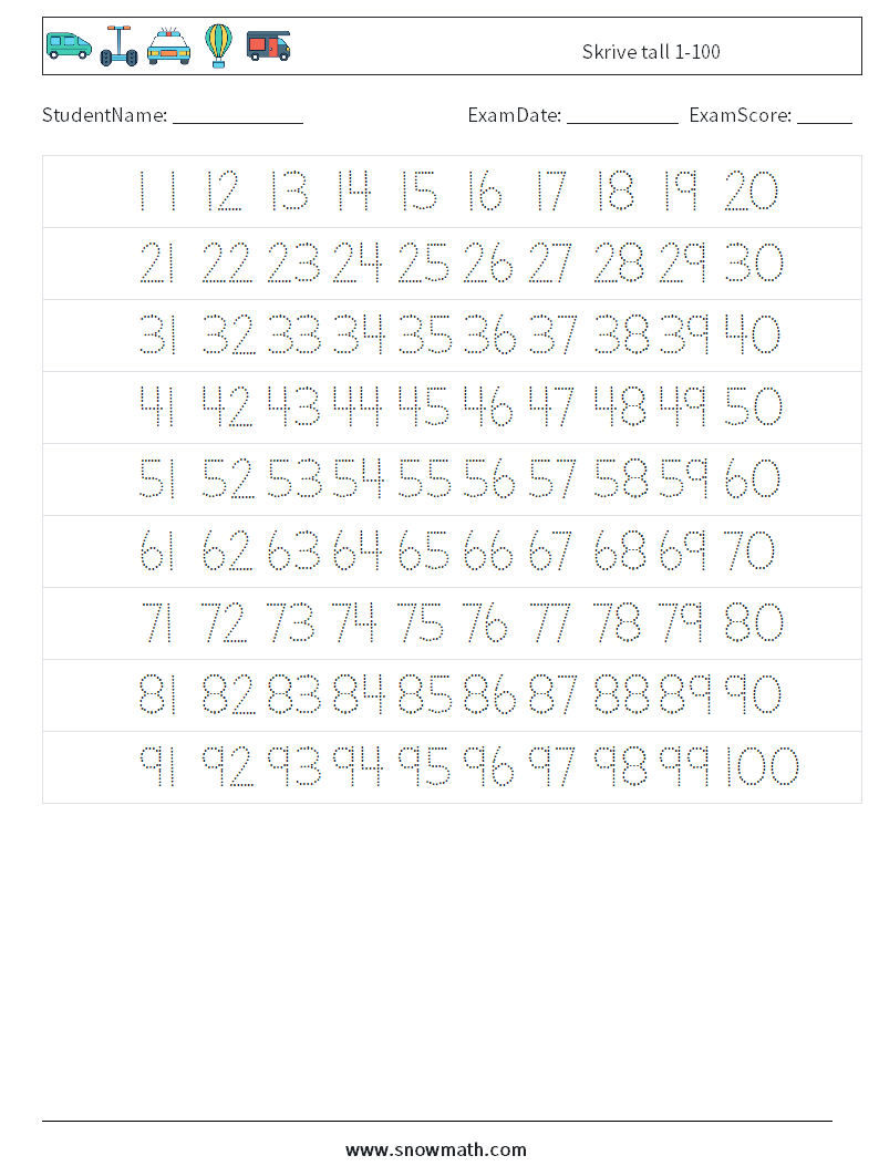 Skrive tall 1-100 MathWorksheets 21