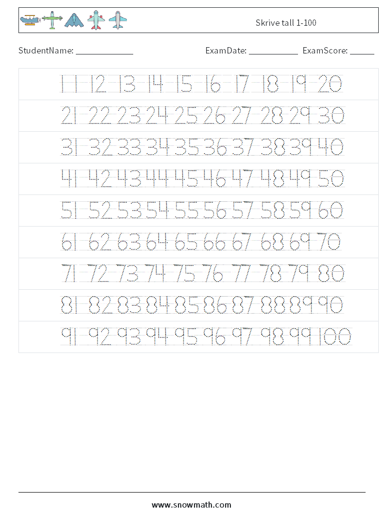 Skrive tall 1-100 MathWorksheets 22