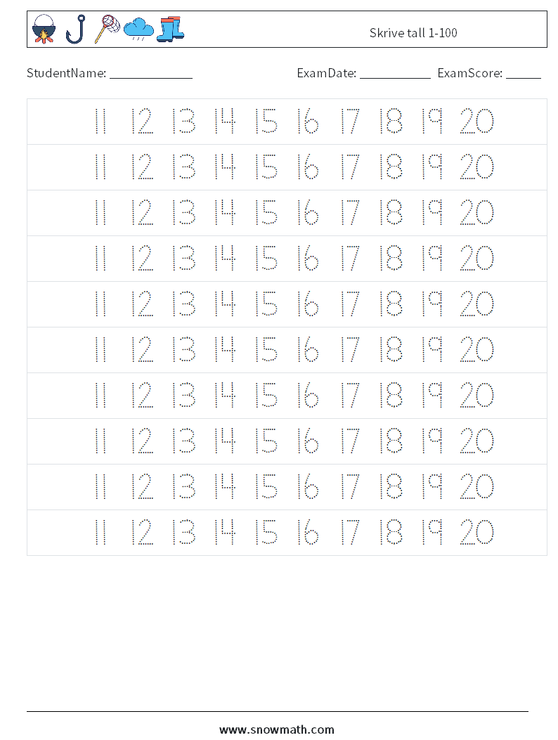 Skrive tall 1-100 MathWorksheets 23