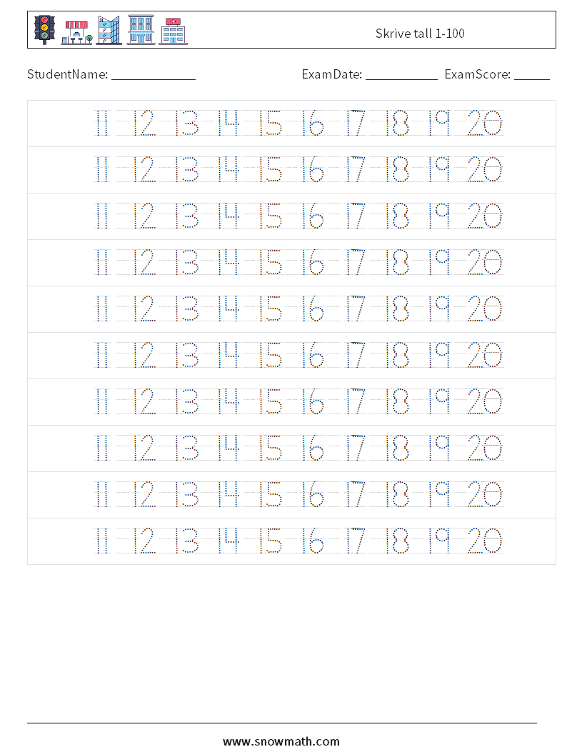 Skrive tall 1-100 MathWorksheets 24