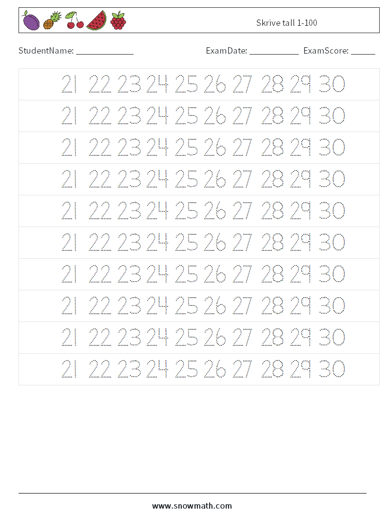 Skrive tall 1-100 MathWorksheets 25