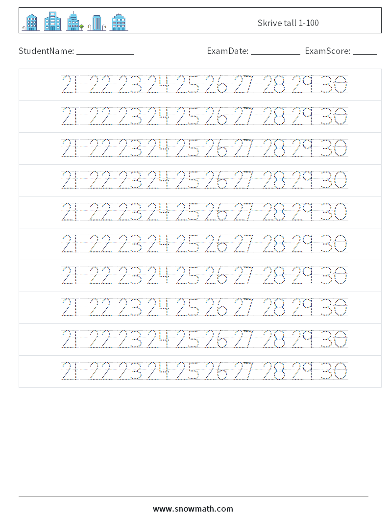 Skrive tall 1-100 MathWorksheets 26