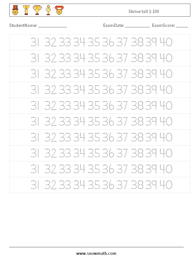 Skrive tall 1-100 MathWorksheets 27