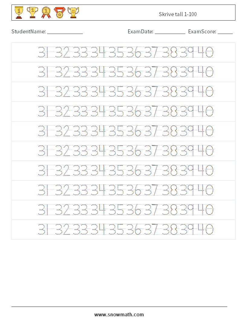 Skrive tall 1-100 MathWorksheets 28